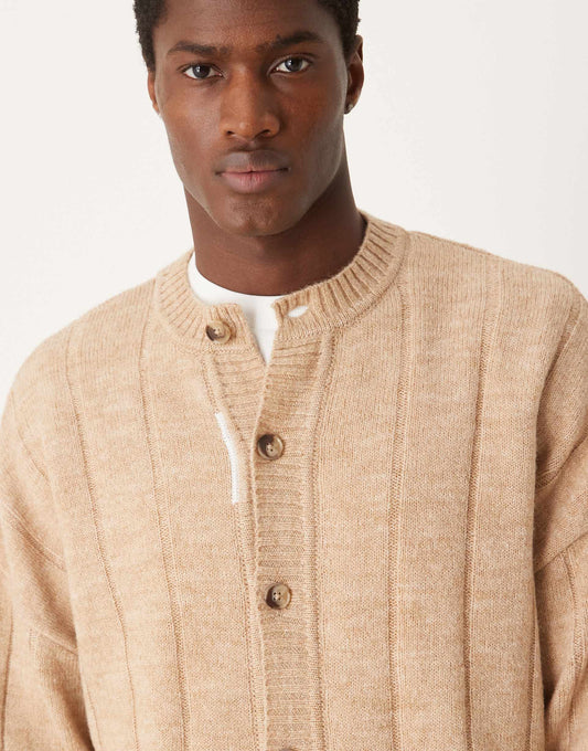 Oversized Boxy Knitted Crew Neck Cardigan With Stitch Detail