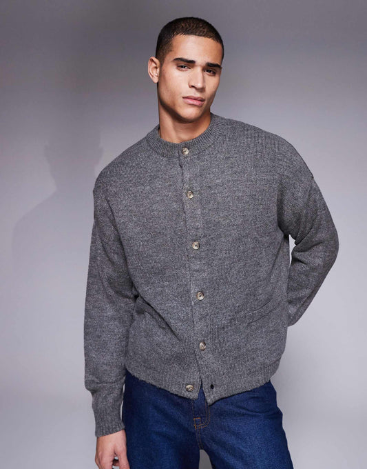 Oversized Boxy Knitted Crew Neck Cardigan With Pockets