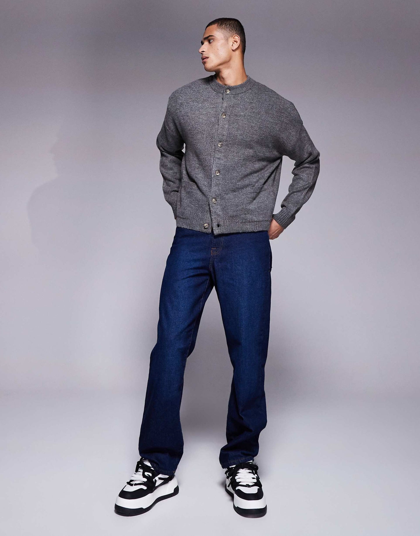 Oversized Boxy Knitted Crew Neck Cardigan With Pockets