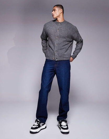 Oversized Boxy Knitted Crew Neck Cardigan With Pockets