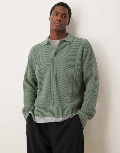 Oversized Boxy Knitted Polo With Herringbone Stitch Detail