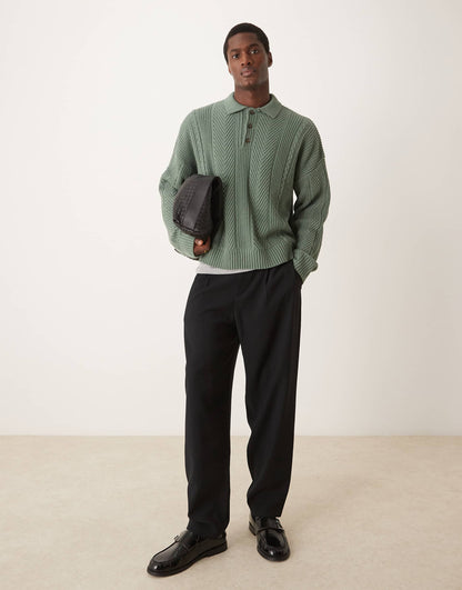 Oversized Boxy Knitted Polo With Herringbone Stitch Detail