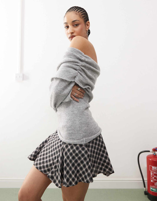 Fluffy Knitted Bardot Ruched Jumper