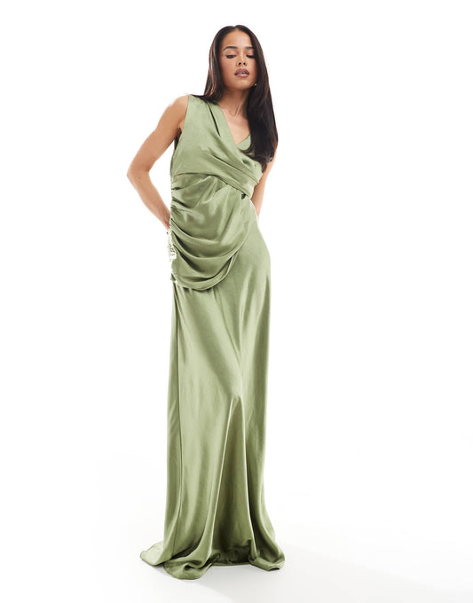 Bridesmaid Gathered Overlay Satin Maxi Dress
