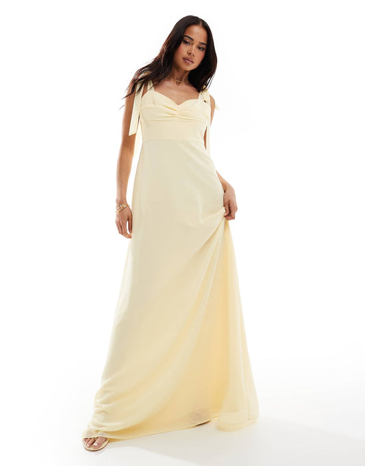 Bridesmaid Bow Shoulder Chiffon Maxi Dress