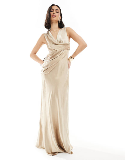 Bridesmaid Gathered Overlay Satin Maxi Dress