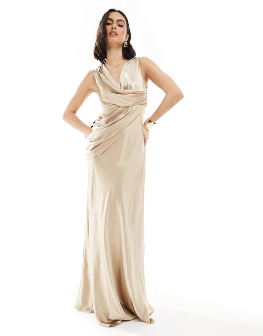 Bridesmaid Gathered Overlay Satin Maxi Dress