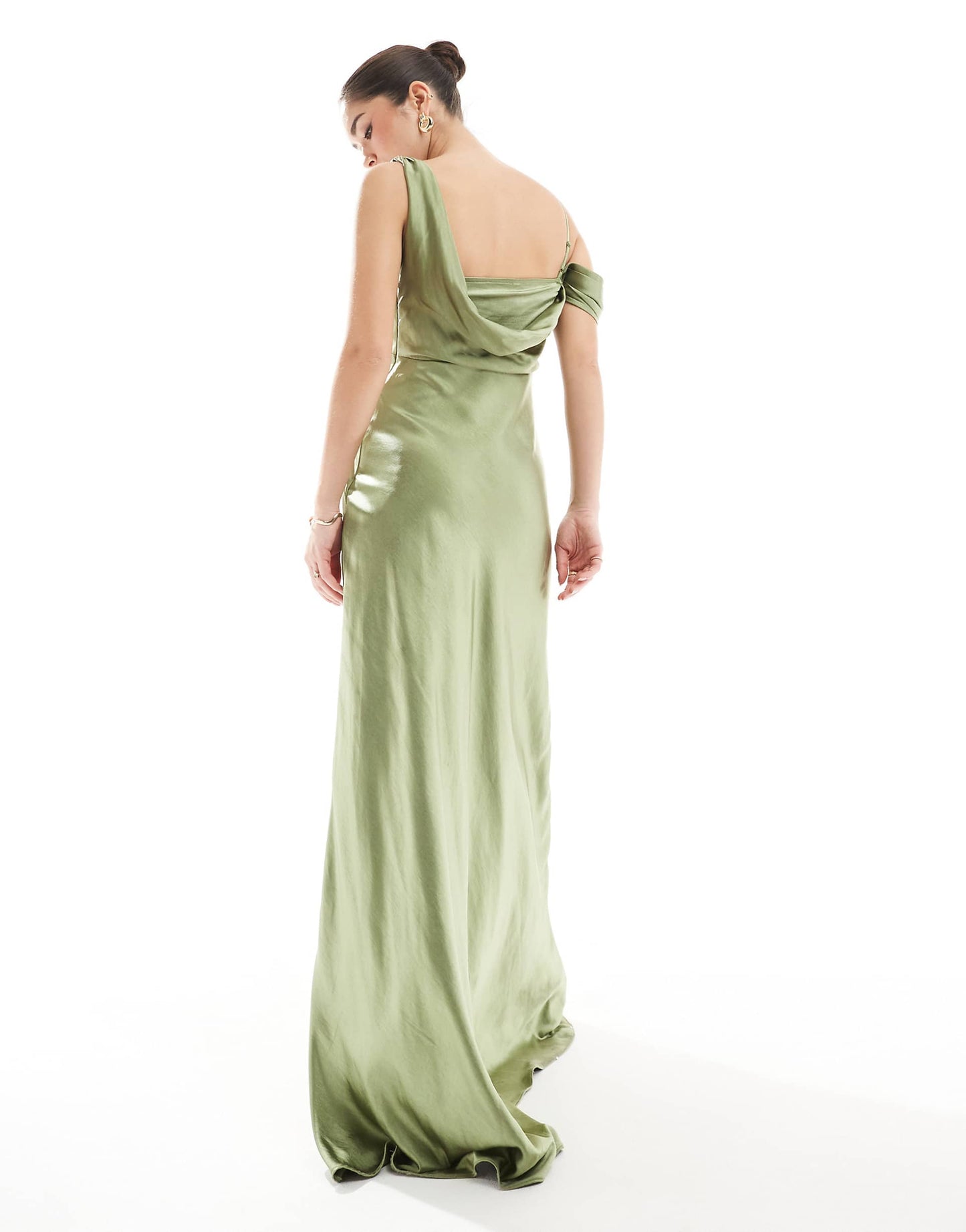 Bridesmaid Asymmetric Ruched Satin Maxi Dress