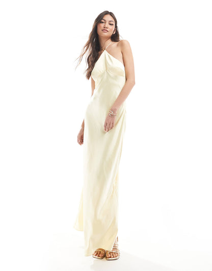 Bridesmaid Halter Neck Satin Maxi Dress