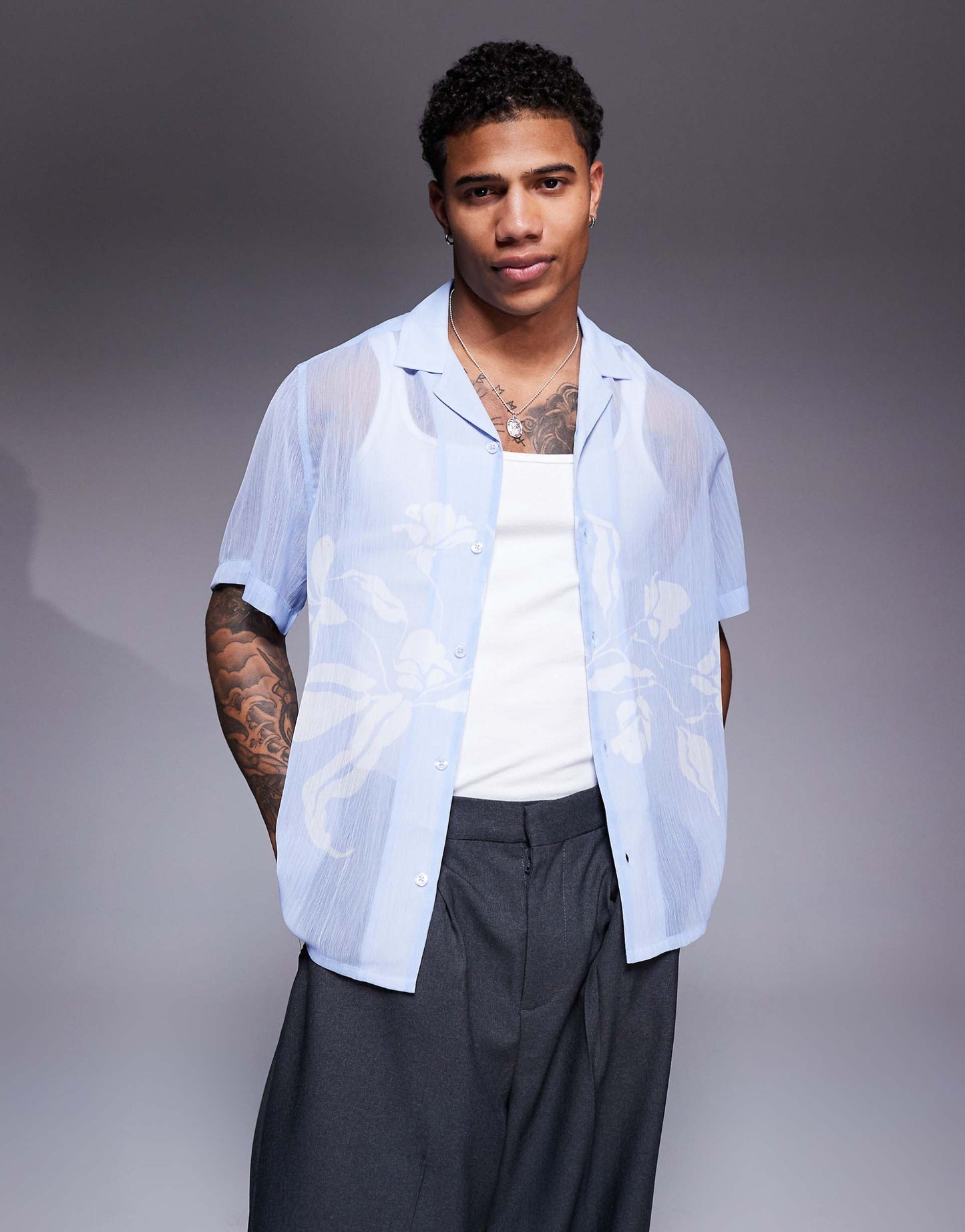 Boxy Revere Sheer Shirt With Floral Print