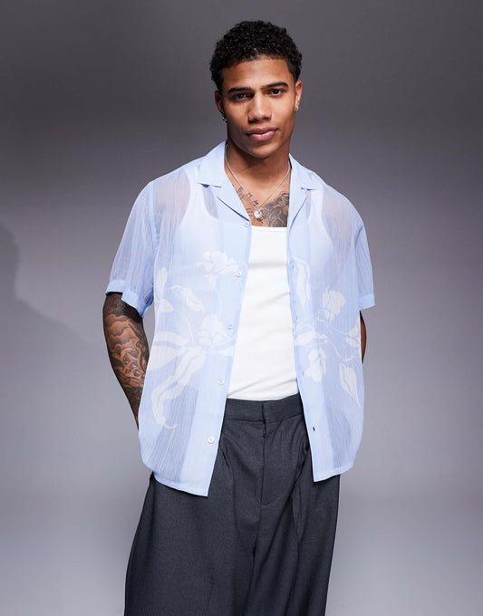 Boxy Revere Sheer Shirt With Floral Print