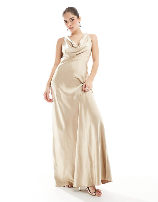 Bridesmaid Cowl Front Satin Maxi Dress