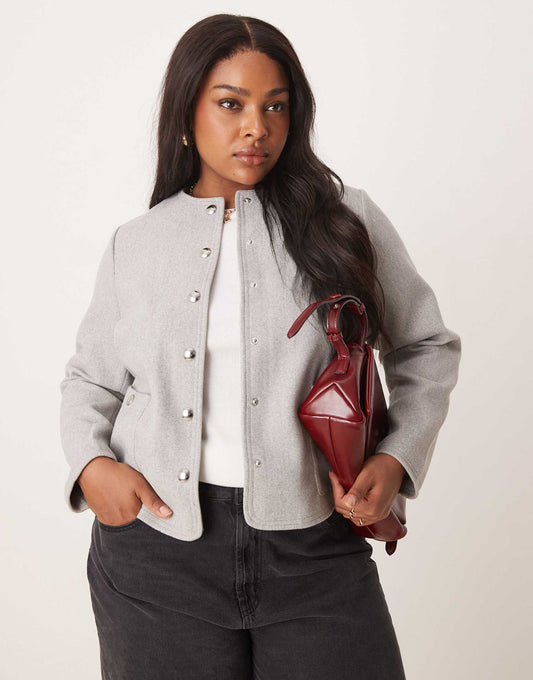 Curve Collarless Button Down Jacket