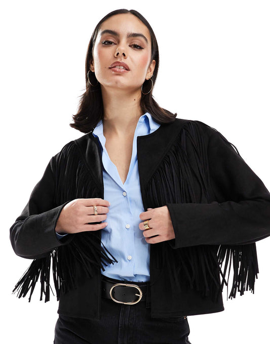 Fringe Collarless Suedette Jacket