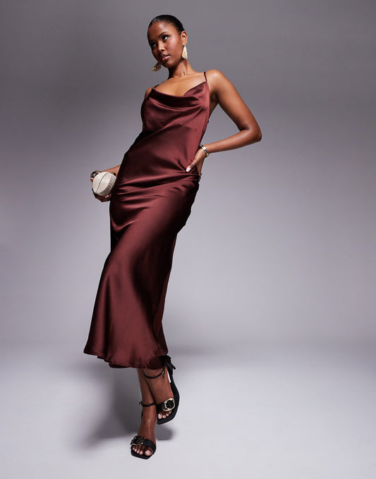 Cowl Neck Satin Midi Dress