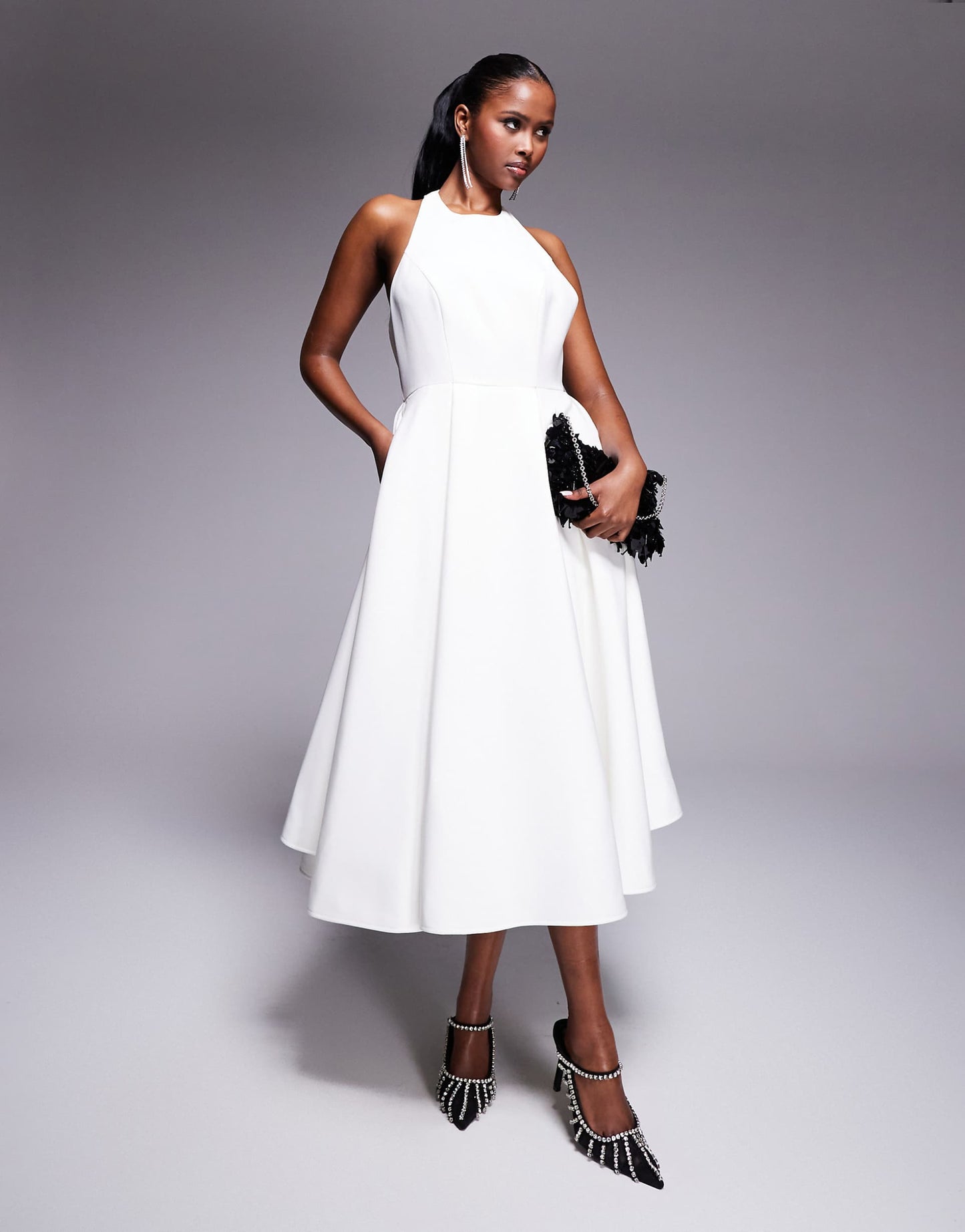 High Neck Structured A-Line Midi Dress