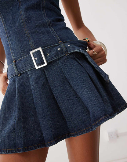 Denim Halter Mini Dress With Belt