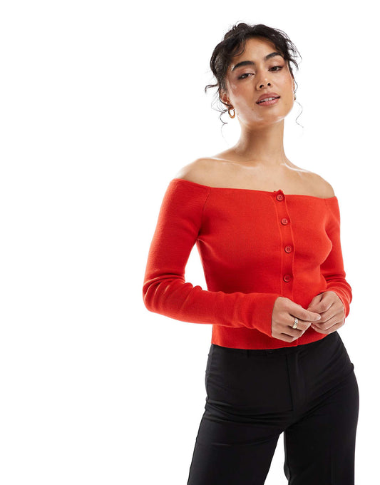 Sculpted Knit Button Through Bardot Top