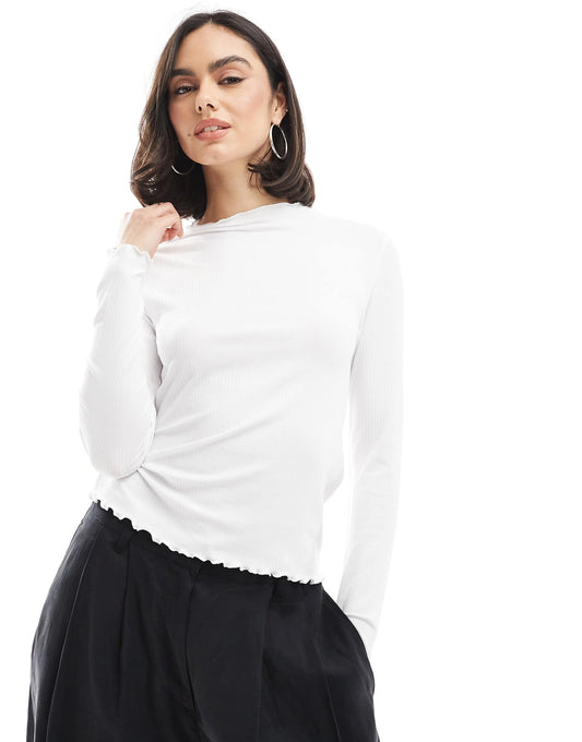 Ribbed Long Sleeve Top With Lettuce Edge Detail