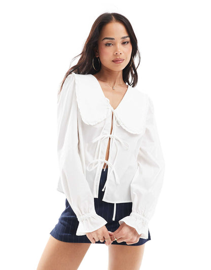 Tie Front Frill Collar Detail Poplin Top