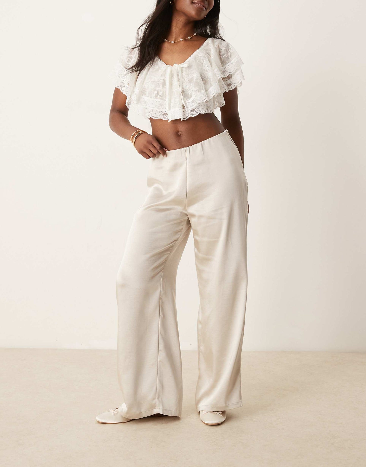 Wide Leg Satin Pull On Trousers