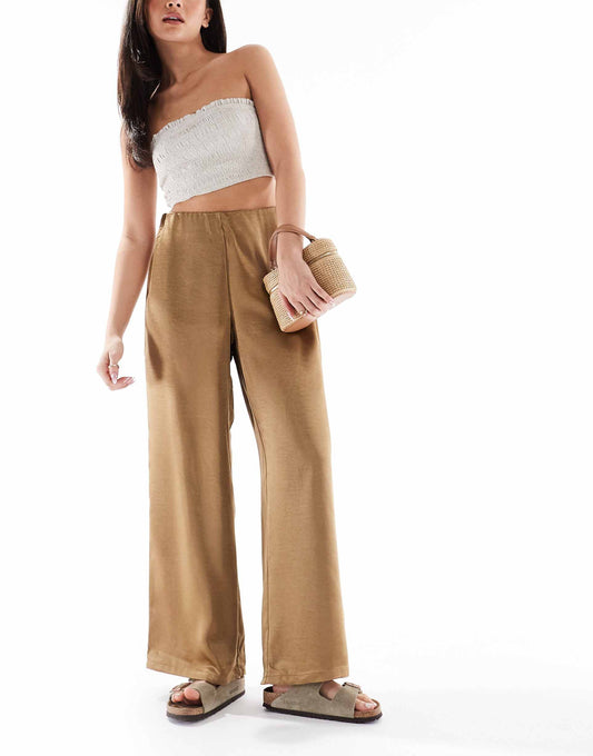 Wide Leg Satin Pull On Trousers