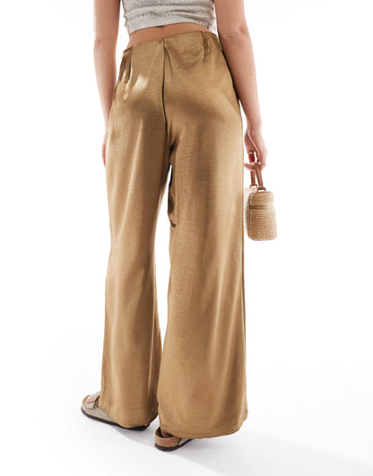 Wide Leg Satin Pull On Trousers