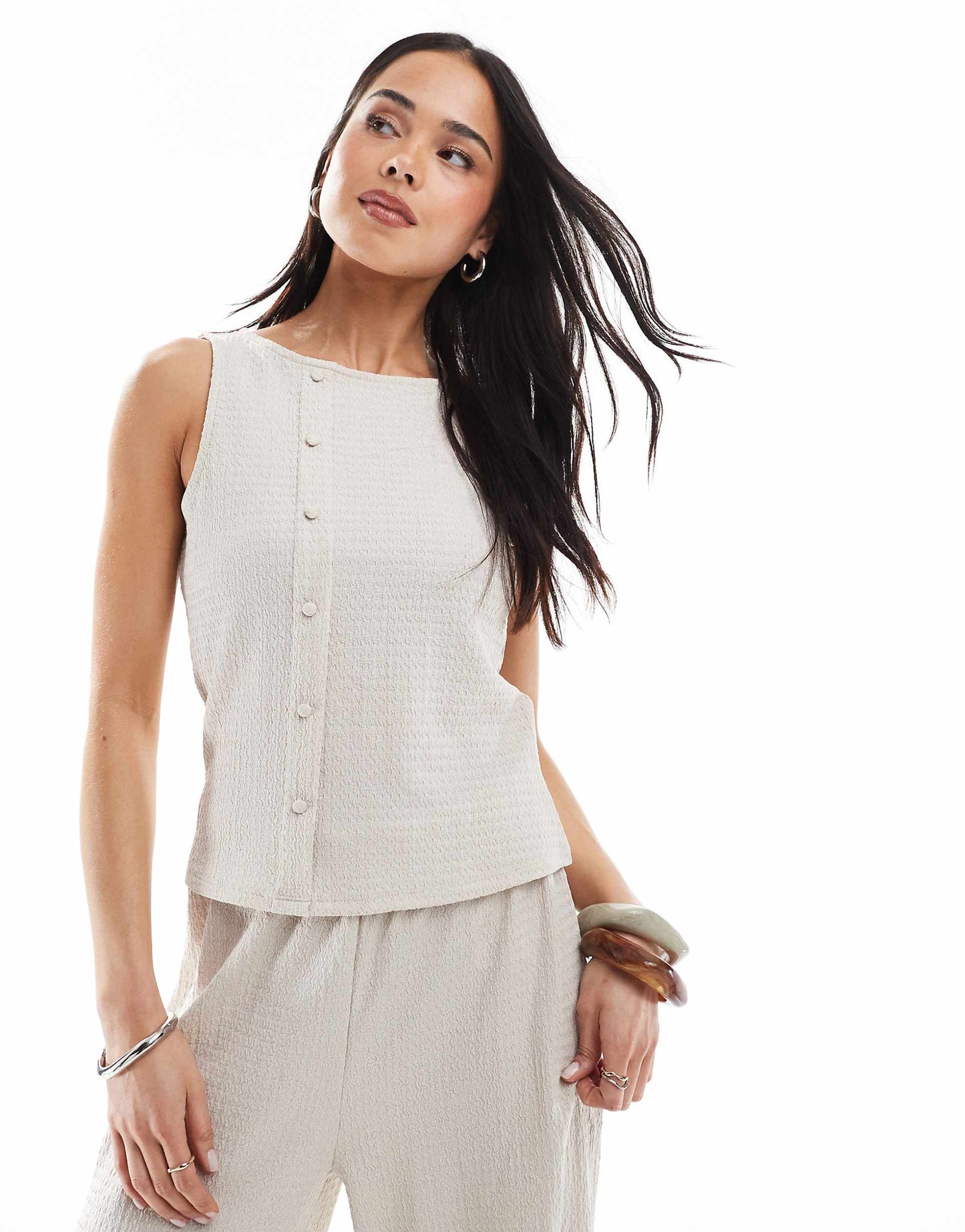 Textured Jersey Asymmetric Placket Top Co-Ord