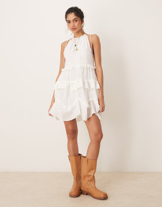 Halter Ruffle Mini Dress With Pintucks