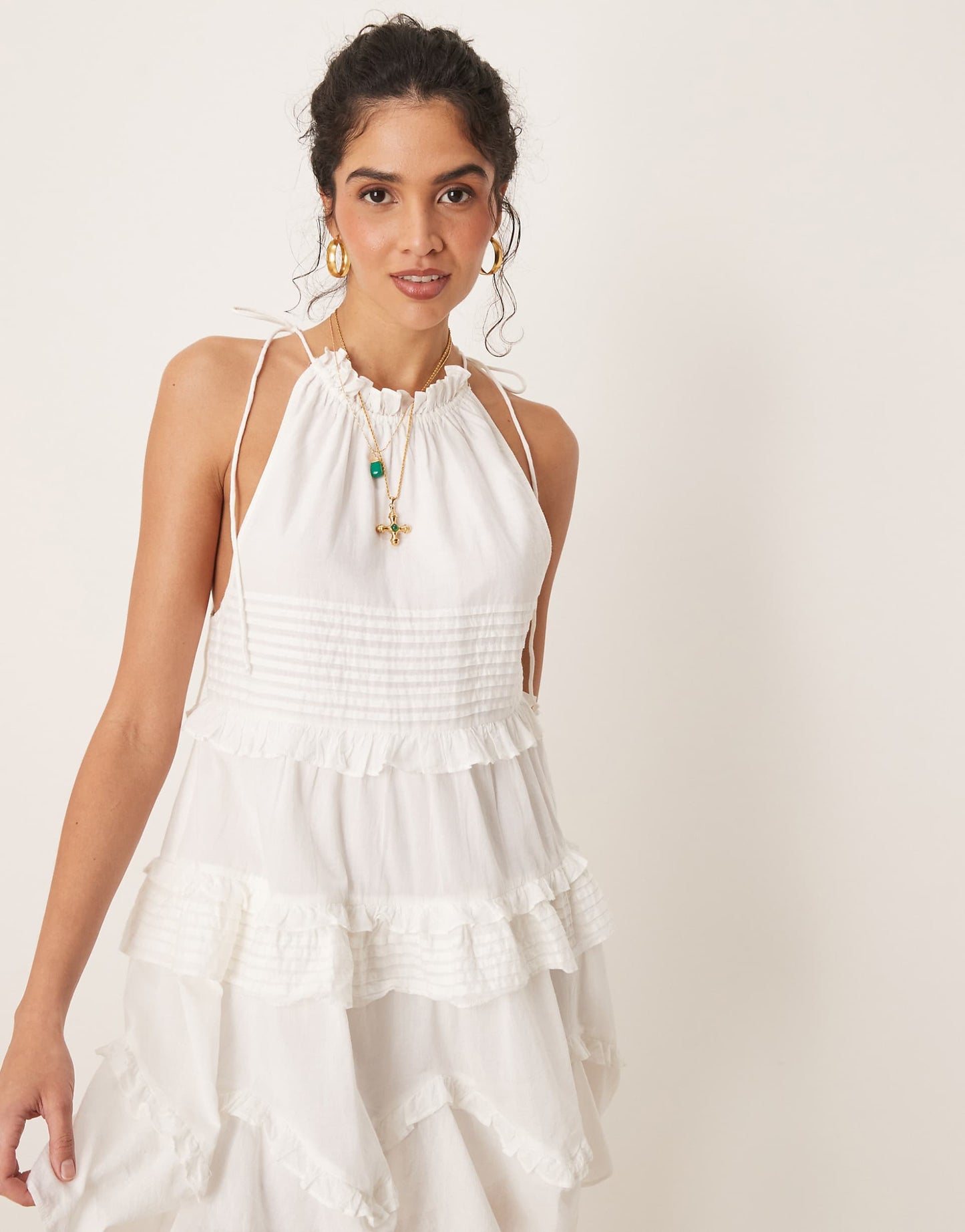 Halter Ruffle Mini Dress With Pintucks