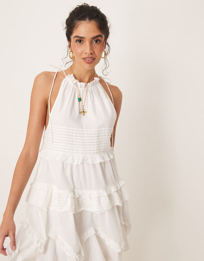Halter Ruffle Mini Dress With Pintucks