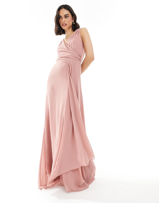 Bridesmaid Chiffon Wrap Front Maxi Dress With Wrap Skirt