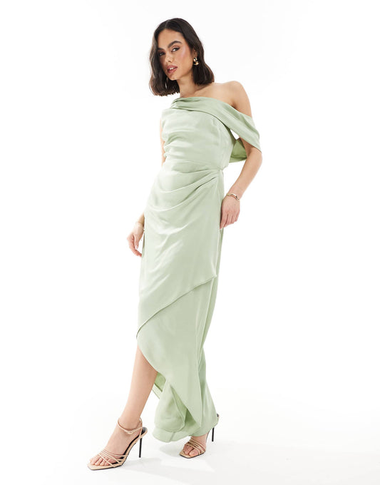 Bridesmaid Satin Fallen Shoulder Maxi Dress With Wrap Skirt