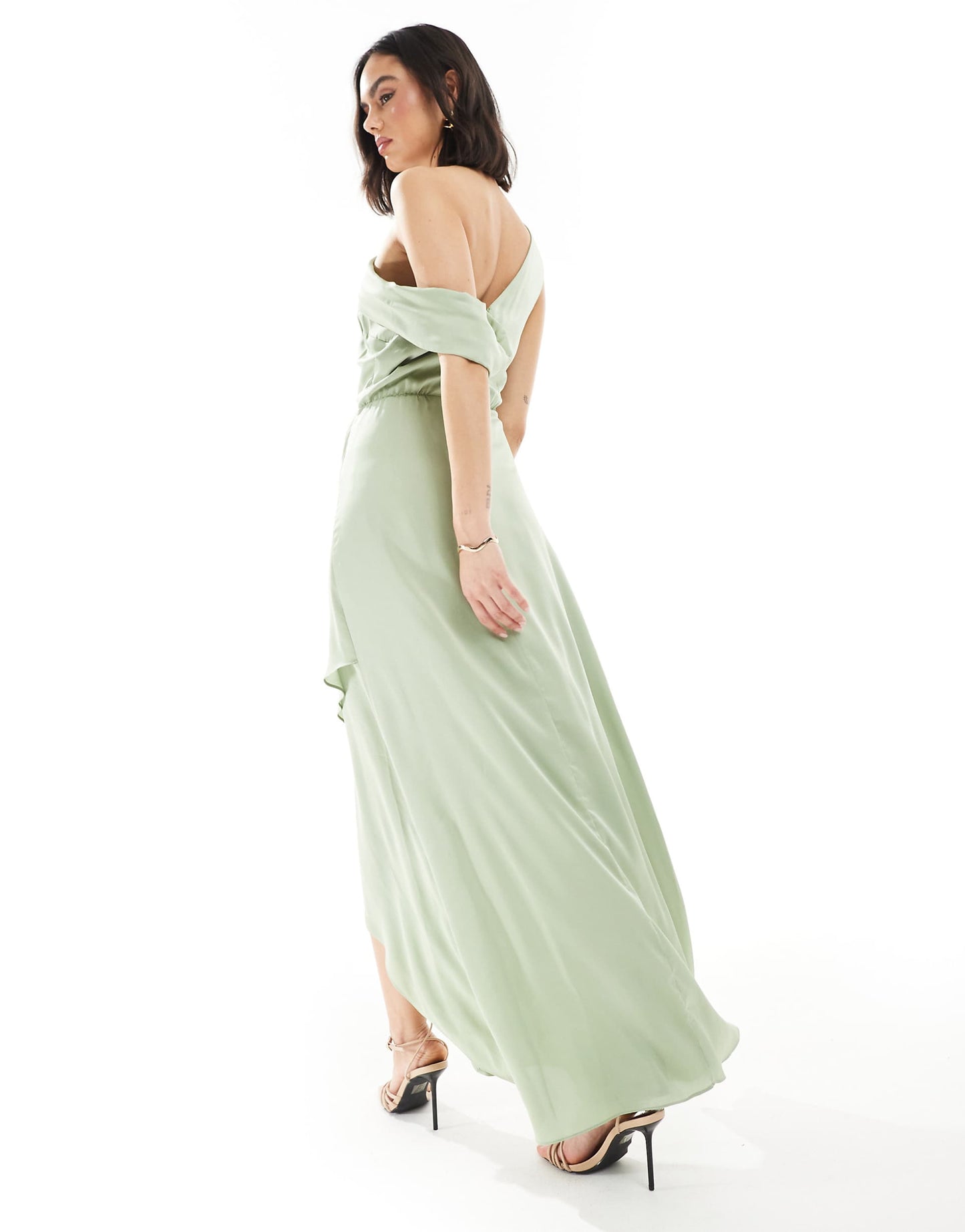 Bridesmaid Satin Fallen Shoulder Maxi Dress With Wrap Skirt