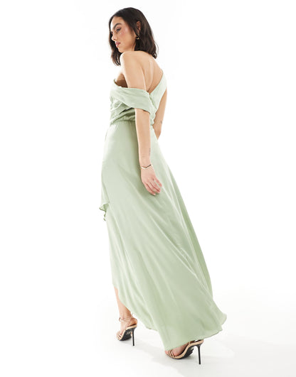 Bridesmaid Satin Fallen Shoulder Maxi Dress With Wrap Skirt