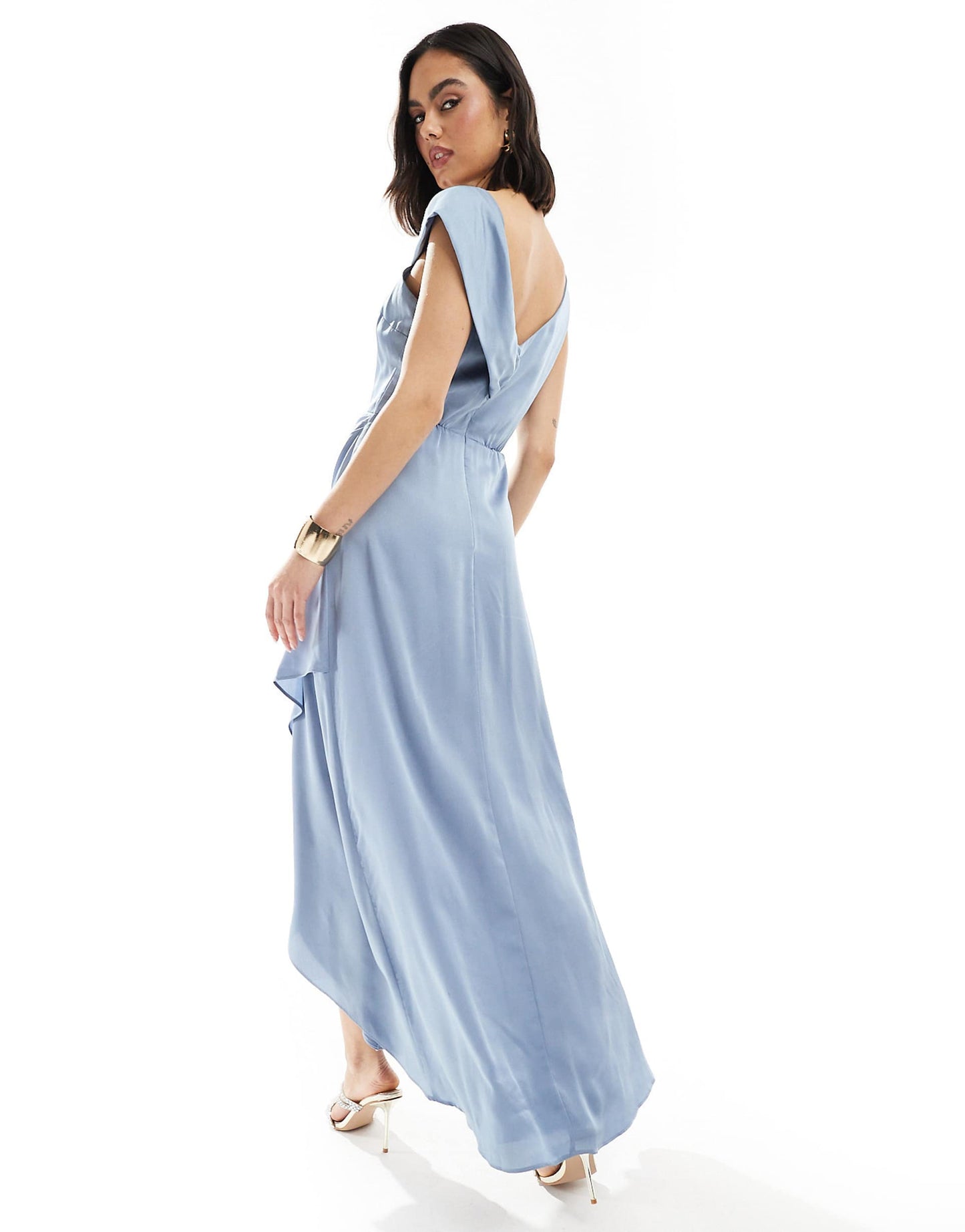 Bridesmaid Satin Fallen Shoulder Maxi Dress With Wrap Skirt