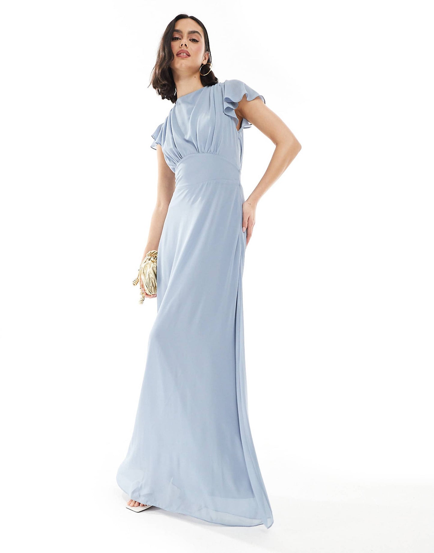 Bridesmaid Flutter Sleeve Cowl Back Chiffon Maxi Dress