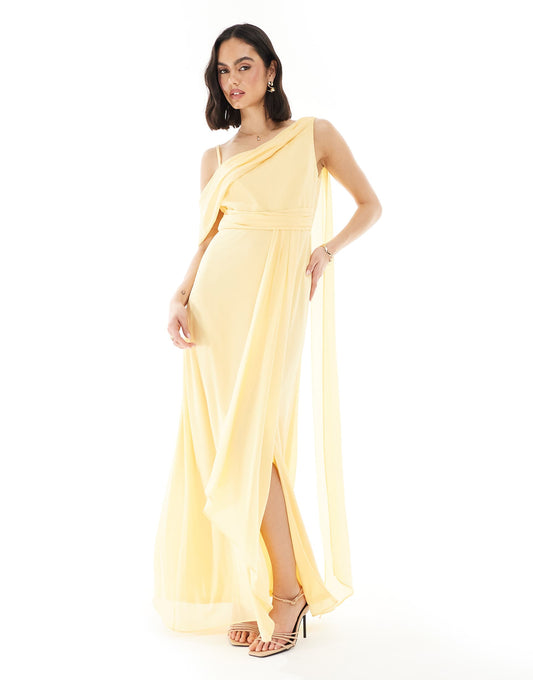 Bridesmaid One Shoulder Drape Maxi Dress With Wrap Skirt