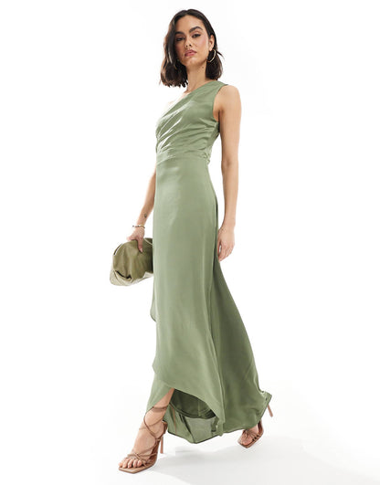 Bridesmaid One Shoulder Satin Maxi Dress With Wrap Skirt