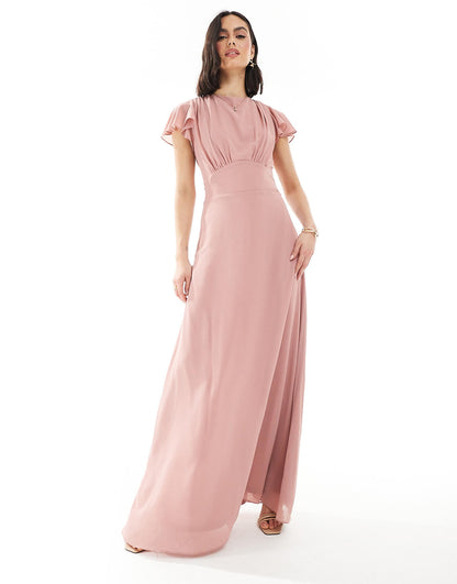 Bridesmaid Flutter Sleeve Cowl Back Chiffon Maxi Dress