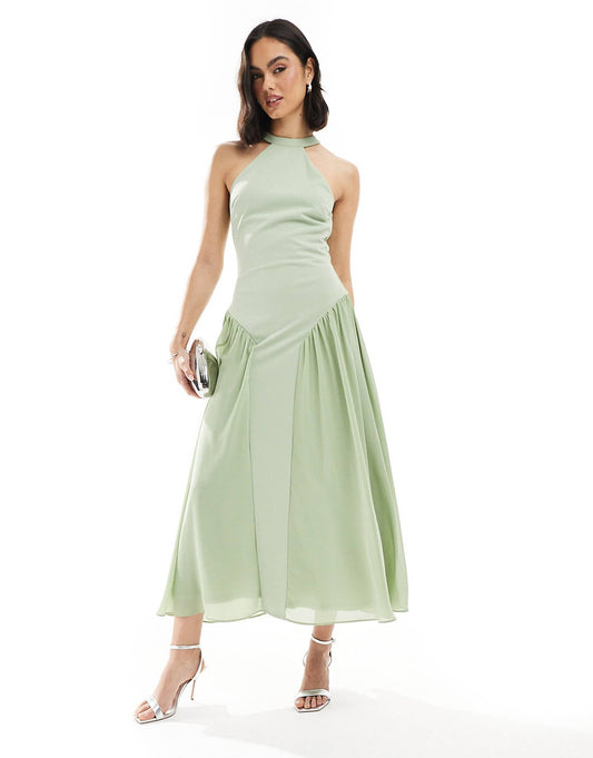 Bridesmaid High Neck Maxi Dress With Full Skirt