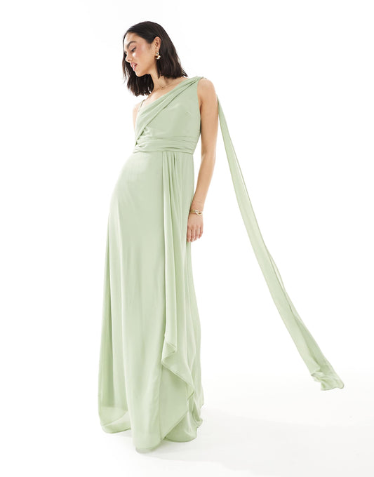 Bridesmaid One Shoulder Drape Maxi Dress With Wrap Skirt