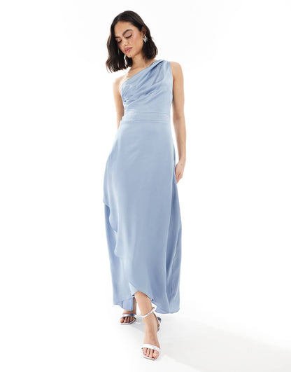 Bridesmaid One Shoulder Satin Maxi Dress With Wrap Skirt