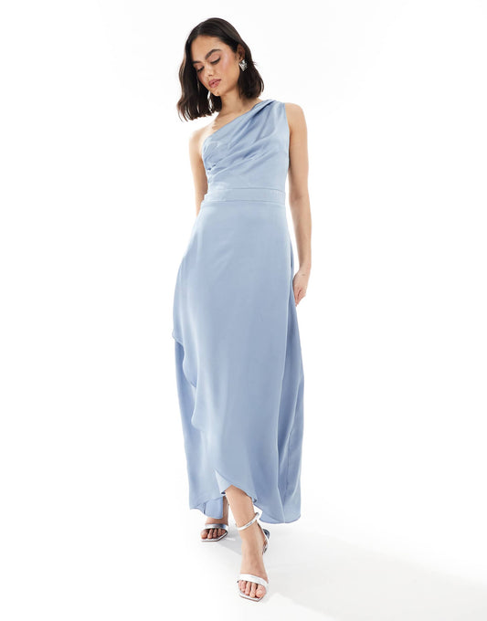 Bridesmaid One Shoulder Satin Maxi Dress With Wrap Skirt