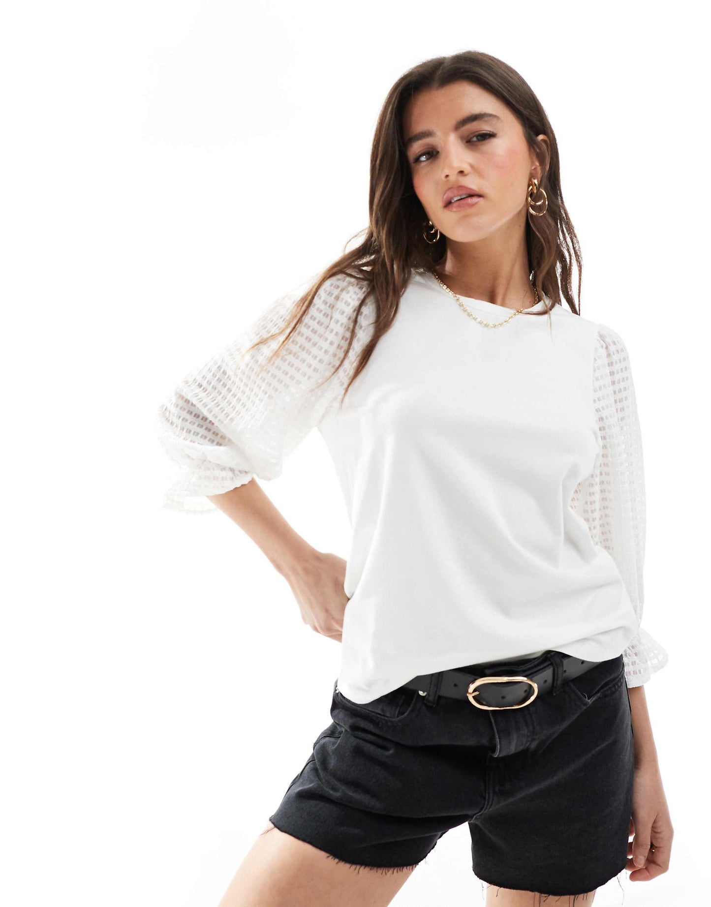 T-Shirt With Sheer Textured Sleeve