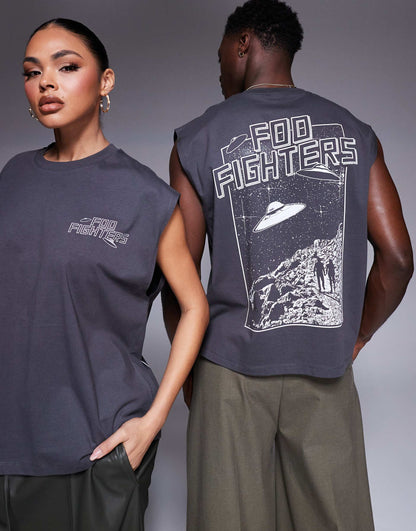 Unisex Boxy Oversized License Vest With Foo Fighters Prints