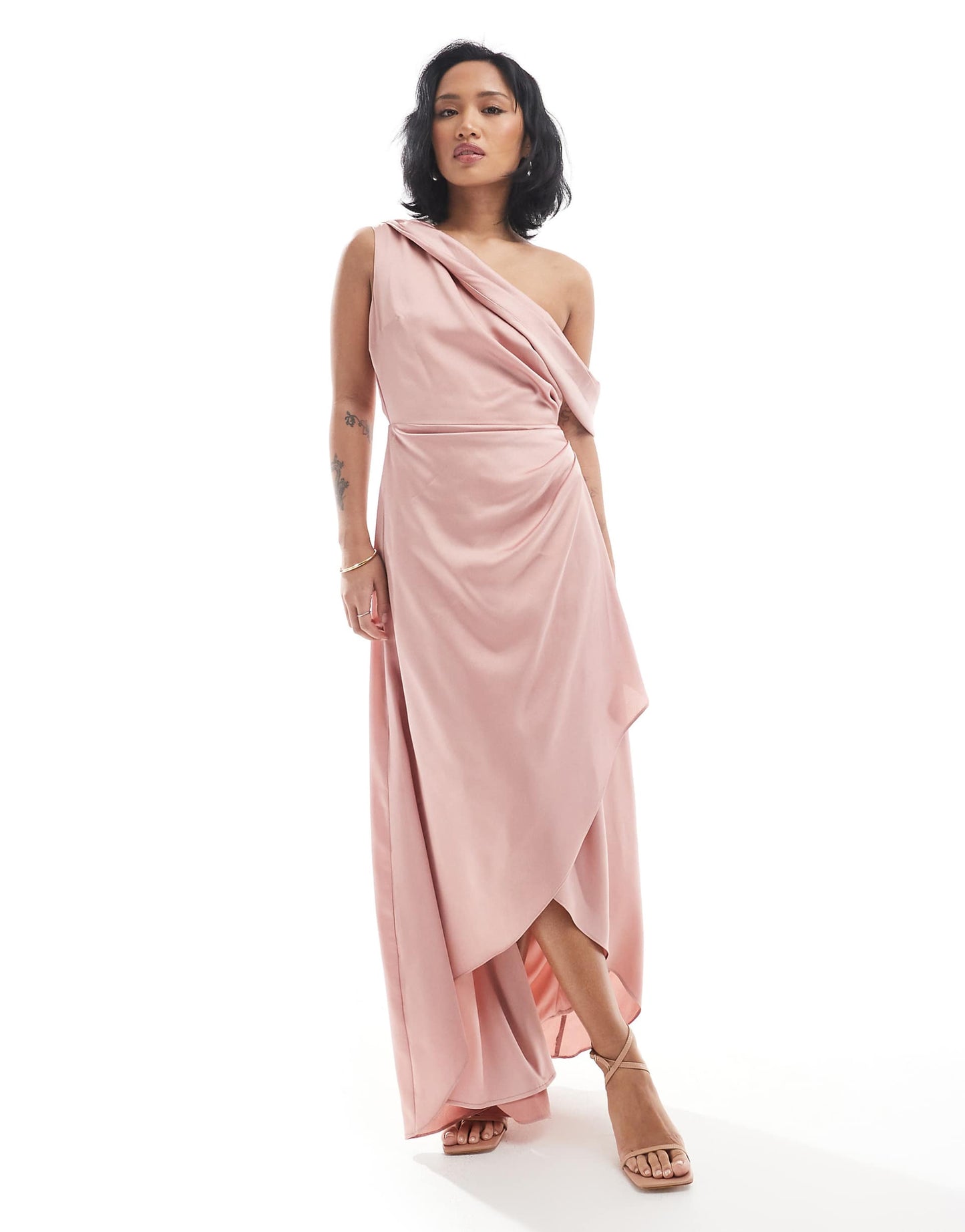 Petite Bridesmaid Satin Fallen Shoulder Maxi Dress With Wrap Skirt