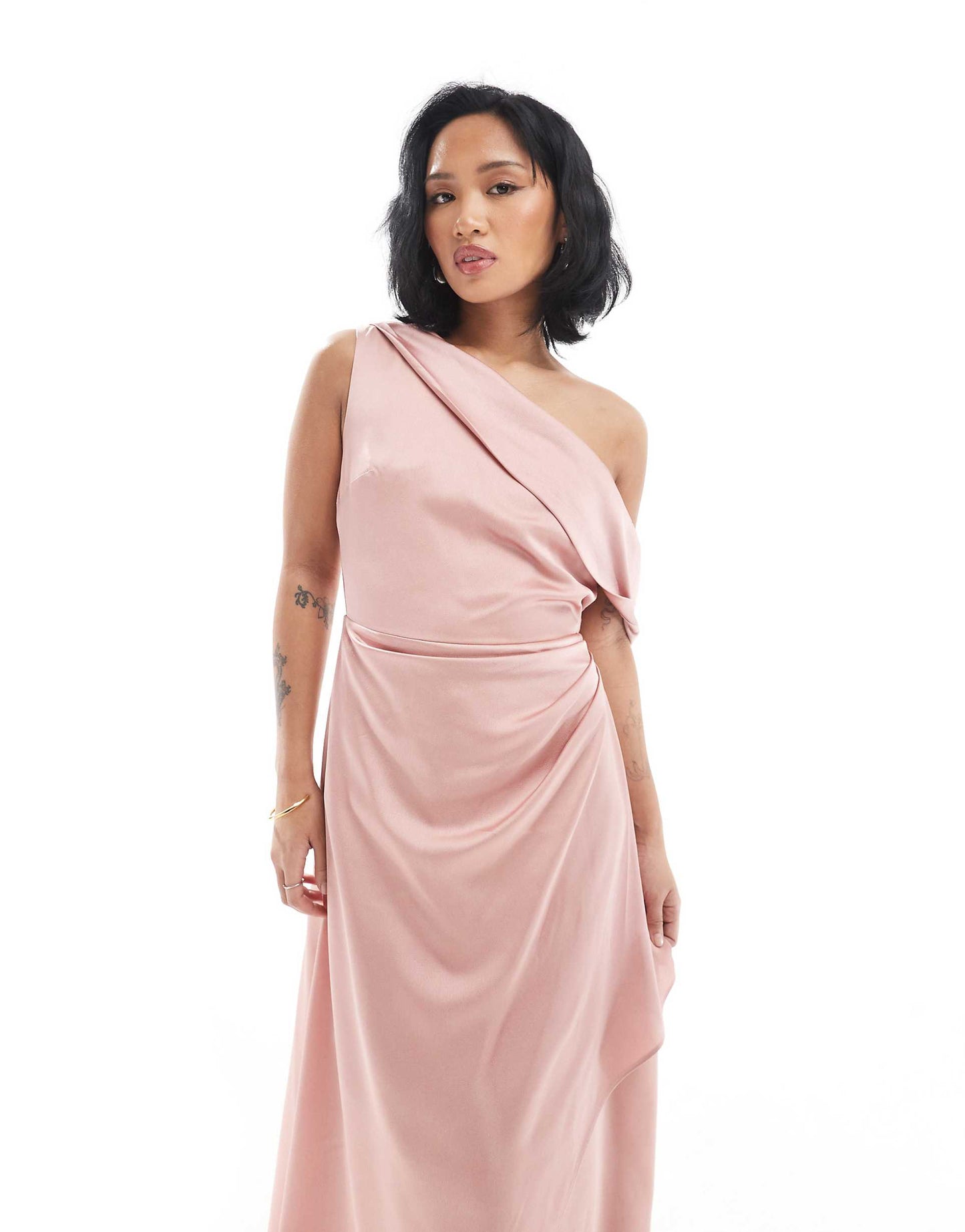 Petite Bridesmaid Satin Fallen Shoulder Maxi Dress With Wrap Skirt