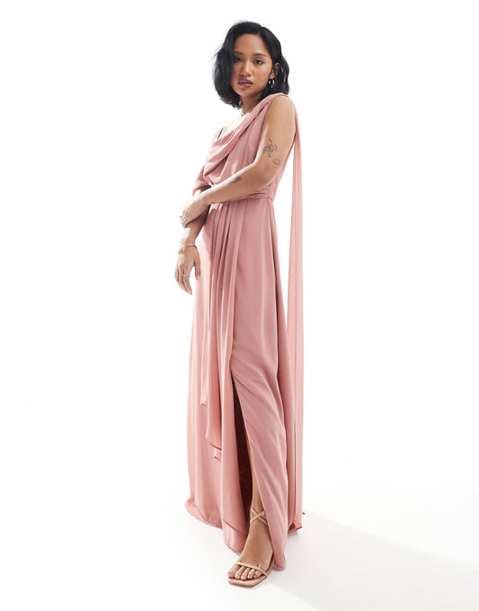 Petite Bridesmaid One Shoulder Drape Maxi Dress With Wrap Skirt