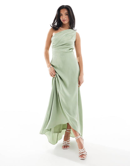 Petite Bridesmaid One Shoulder Satin Maxi Dress With Wrap Skirt